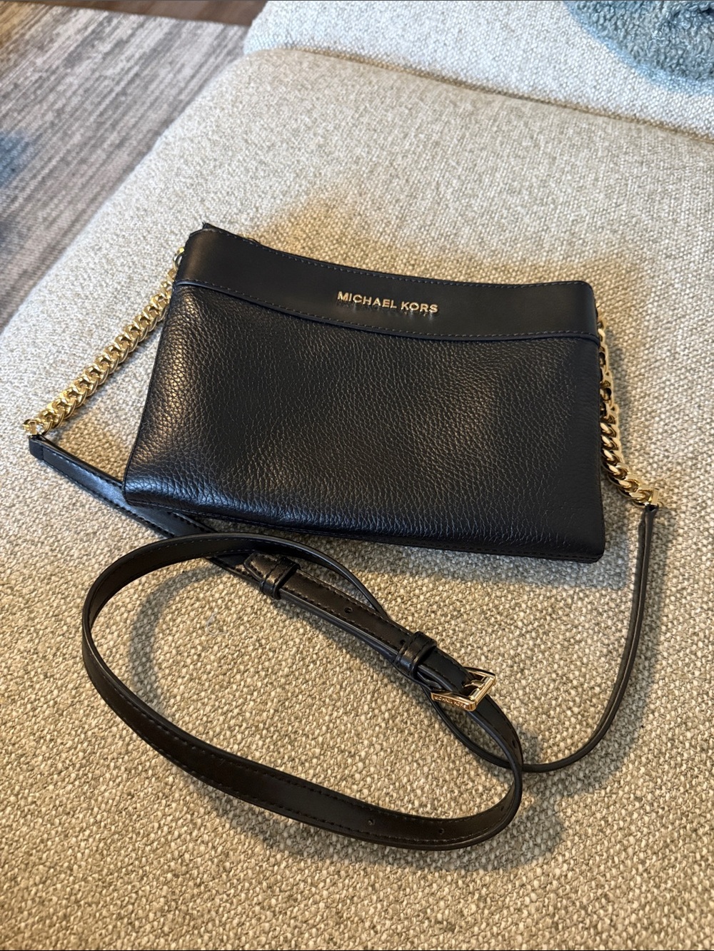 Michael Kors Black Leather Crossbody with Gold Chain Accent